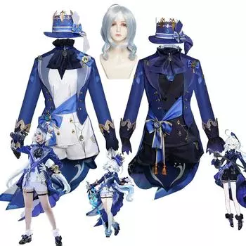 Игра Genshin Impact Focalors Косплей Шляпа Парик Волосы Полный комплект Карнавальное женское платье Униформа Костюм Экипировка Ролевая игра Маскарад Водный Бог xs