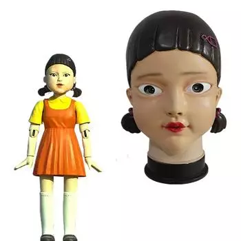Игра-кальмар, кукла-робот, Звезда, детские маски для косплея, страшная желтая маленькая девочка, латексная маска на половину лица на Хэллоуин One Size