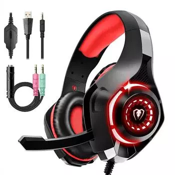 Игровая стереогарнитура для PlayStation 4, PS4, PS5, накладные наушники с микрофоном и светодиодной подсветкой для Xbox One, ПК, ноутбука чёрный/красный