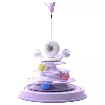Игрушка Башня с шариками для кошек с перьями и кошачьей мятой, 4-уровневая рельсовая, вращающаяся игра для питомцев для упражнений, фиолетовая фиолетовый