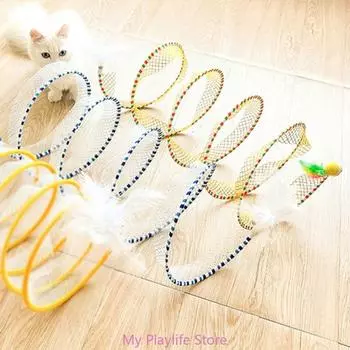Игрушка для кошек, складной туннель для кошек, пружинная трубка, S-образные туннели с перьями, игрушка-мышка, избавляющая от скуки домашних кошек жёлтый