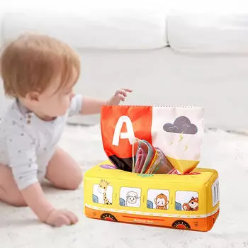 Игрушка в коробке с салфетками для младенцев, игрушки Монтессори для детей от 6 до 12 месяцев, младенцев, новорожденных, малышей School Bus