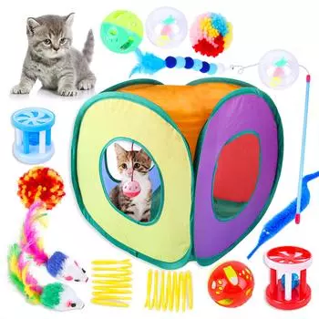 Игрушки для кошек, набор из 15 игрушек для котят, интерактивные игрушки для кошек, живущих в помещении, со складной палаткой-туннелем для кошек, интерактивная игрушка-перо для кошек разноцветный