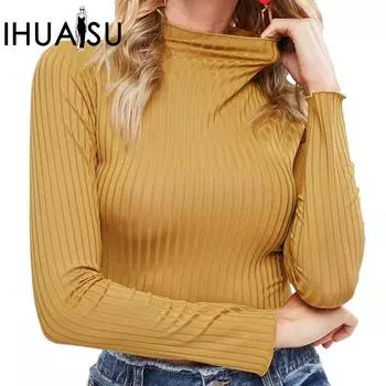 IHUASU Осенне-зимняя однотонная трикотажная футболка с длинным рукавом и высоким воротом, облегающий женский топ с пупком S чёрный