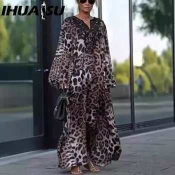 IHUASU Autumn Loose Leopard Print Long-sleeved Plus Size Dress S цветной печати леопарда