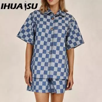 IHUASU летние модные повседневные женские джинсовые шорты с короткими рукавами и высокой талией S джинсовый синий