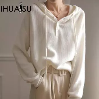 IHUASU осенне-зимний вязаный шерстяной свитер с капюшоном, женский теплый кашемировый свитер с длинными рукавами, пуловер, джемпер S белый
