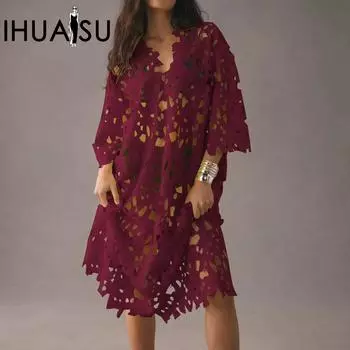 IHUASU Повседневная свободная пляжная праздничная кружевная блузка Uniform size белый