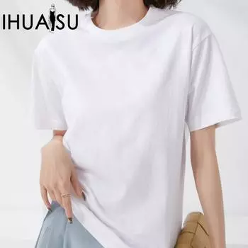 IHUASU Однотонная футболка с короткими рукавами, весна-лето, женская свободная хлопковая рубашка с коротким рукавом и о-образным вырезом, тонкий топ S чёрный