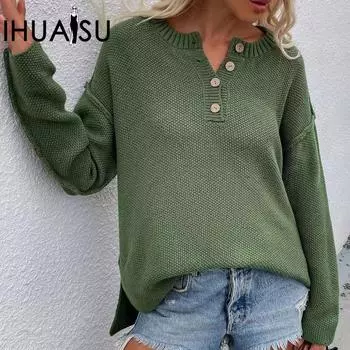 IHUASU Женский осенне-зимний однотонный свитер большого размера с V-образным вырезом, уличный свитер-хипстер S чёрный