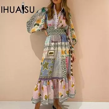 IHUASU Женская одежда Темперамент Пригородный принт Окрашенное модное повседневное платье с длинными рукавами S