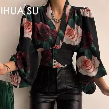 Женская блузка IHUASU Spring Temperament с V-образным вырезом и рукавами-фонариками S красный