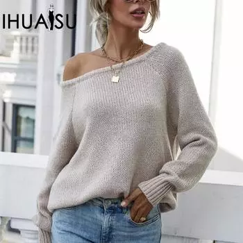 IHUASU Женский осенне-зимний свитер без бретелек с круглым вырезом, трикотажный, однотонный, темпераментный, свободный, большого размера S хаки