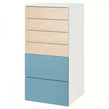 ИКЕА СМ СТАД СМОСТАД ПЛАТСА Комод с 6 ящиками белый берёзовый синий 60x57x123 см