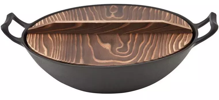 Ikenaga Iron Works New Chinese Pot 30cm Nanbu Ironware Pot with Wooden Lid Iron Pot Made in Japan Stir-Fry чёрный