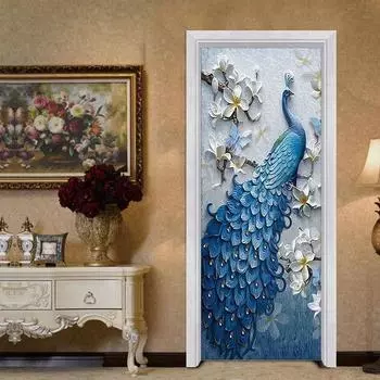 Imitation 3D Peacock Three-dimensional Door Sticker Home Decoration Stickers,PVC Waterproof Self-adhesive for Living Room Bedroom