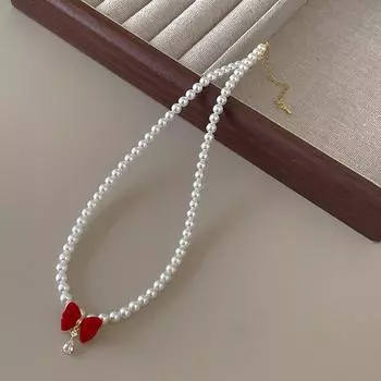 Imitation Pearl Red Flocking Bow Necklace Ins Chain Choker Trendy Bow Pendant Necklace Party red bow