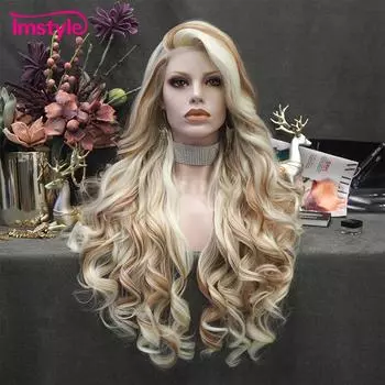 Imstyle Блондинка Коричневый Парик Синтетический Парик Фронта Шнурка Длинные Волнистые Парики Для Женщин Термостойкое Волокно Волосы Ежедневно Парик Смешанных Цветов Lace Front