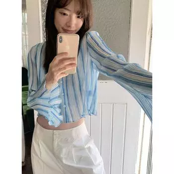 In Stock Pleated Texture Horn Long Sleeve Sun Protective Top Female Summer Stylish Niche Style All-Matching Shirt Blue S