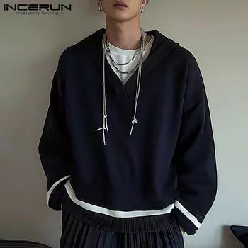 INCERUN Autumn Men Long Sleeve Drawstring Pullovers Striped Loose Hooded Sweatshirts S темно-синий