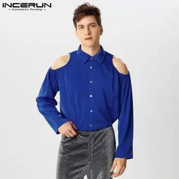 INCERUN Men Autumn Spring Cold Shoulder Buttons Loose Long Sleeve Shirts M чёрный