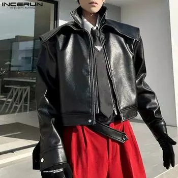 INCERUN Men Big Lapel Neck Long Sleeve PU Leather Zipper Up Jackets Coats 4XL оранжевый
