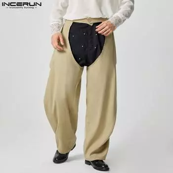 INCERUN Men Button Waist Hollow Crotch Long Trousers Casual Big Swing Pants XL чёрный