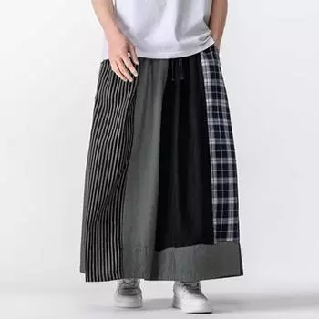INCERUN Men Casual Elastic Waist Patchwork Plaid Long Baggy Wide Legs Pants Trousers S