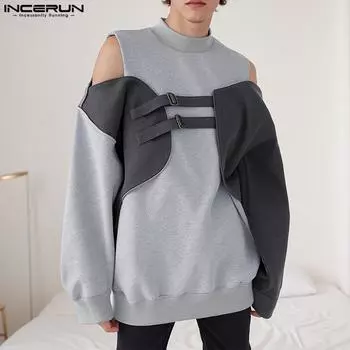 INCERUN Men Cold Shoulder Long Sleeve Patchwork Pullover Sweatshirts 4XL вино красного