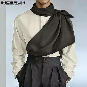 INCERUN Men Cowl Neck Long Sleeve Front Cross Shirts Casual Patchwork Tops S бежевый