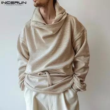 INCERUN Men Cowl Neck Long Sleeve Ruffled Bandage Pullover Tops S чёрный