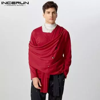 INCERUN Men Cowl Neck Long Sleeve Ruffled Loose Tops Front Cross Wrap Shirts 4XL чёрный