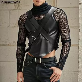 INCERUN Men Cowl Neck Patchwork Hollow Out See Through Irregular Party T-shirts 4XL