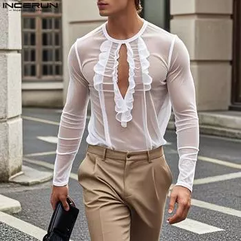 INCERUN Men Cutout Ruffled Neck Long Sleeve Mesh Sheer See Through Tops T-shirts S белый