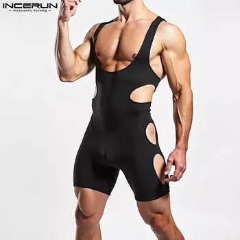 INCERUN Men Deep U Neck Sleeveless Hollow Bodysuits Fitted Home Jumpsuits XL чёрный
