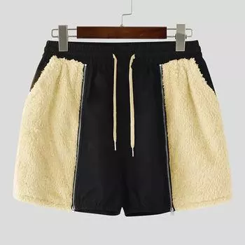 INCERUN Men Drawstring Elastic Waist Furry Patchwork Home Wear Mini Shorts S