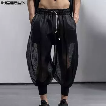 INCERUN Men Drawstring Elastic Waist Long Patchwork Mesh Harem Pants 4XL чёрный