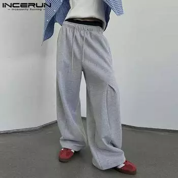 INCERUN Men Drawstring Elastic Waist Long Wide Leg Pants Sport Trousers S серый
