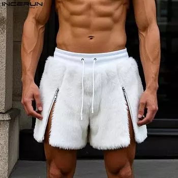 INCERUN Men Drawstring Elastic Waist Zip-up Hem Furry Mini Shorts Pants чёрный