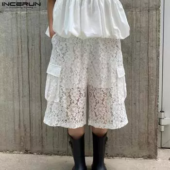 INCERUN Мужские эластичные брюки с кружевной отделкой, полые, прозрачные, без подкладки, короткие, с широкими штанинами S чёрный
