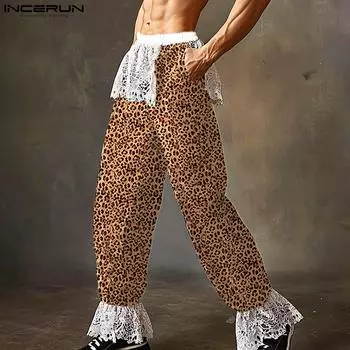 INCERUN Men Elastic Waist Lace Patchwork Leopard Print Long Harem Pants Trousers S хаки