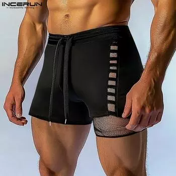INCERUN Men Elastic Waist Mesh Patchwork Hollow Homewear Mini Shorts Pants XL