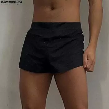 INCERUN Men Elastic Waist Side Buttons Solid Color Mini Pants Shorts Homewear M чёрный