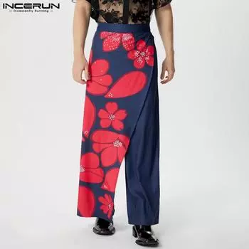 INCERUN Men Floral Print Zipper Up Long Pants Warp Layers Trousers
