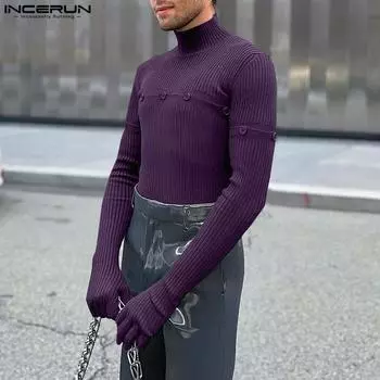 INCERUN Men High Collar Fitted Knitted Long Sleeve Gloves Tops Undershirts 4XL чёрный