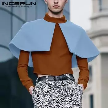 INCERUN Men High Neck Long Sleeve Pullovers Casual Patchwork Shawl Short Tops M чёрный