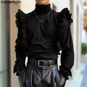 INCERUN Men High Neck Long Sleeve Ruffled Hem T-shirts Casual Patchwork Net Yarn Tops S чёрный