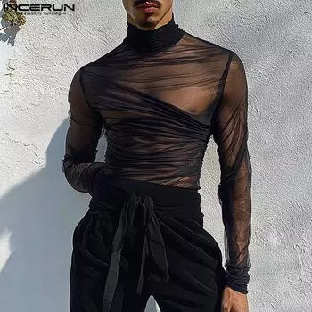INCERUN Men High Neck Long Sleeve Twisted See Through Tops Party Mesh T-Shirts S чёрный