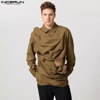 INCERUN Men Irregular Ruffled Shirts Front Cross Hollow Long Sleeve Tops S чёрный