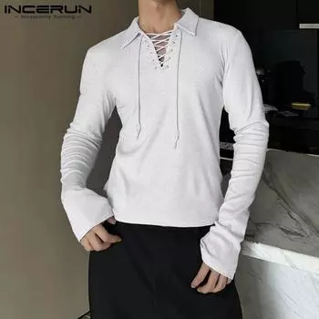 INCERUN Men Lace Up Lapel Neck Long Sleeve Tops Casual Bandage Pullovers Blouse 4XL чёрный